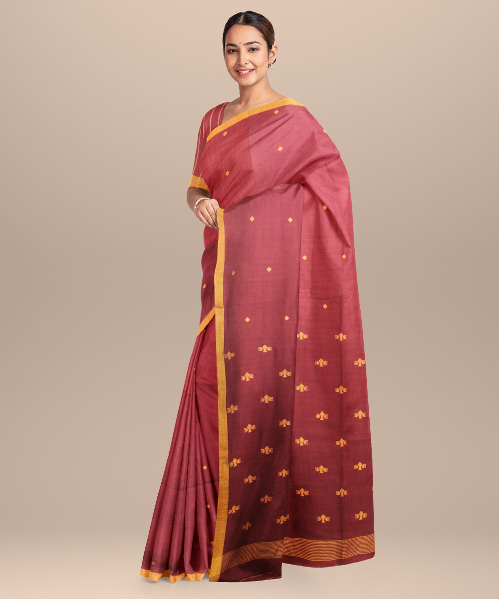 Deep brown yellow handloom jamdani cotton saree