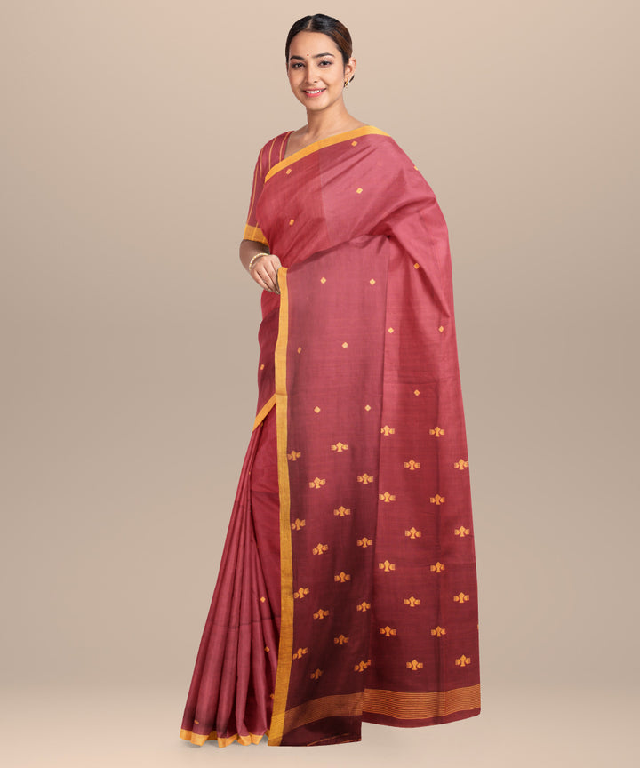 Deep brown yellow handloom jamdani cotton saree