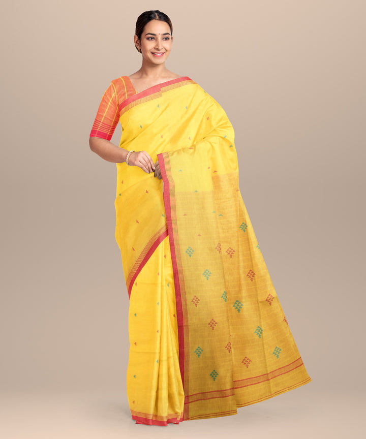 Yellow pink handloom jamdani cotton saree