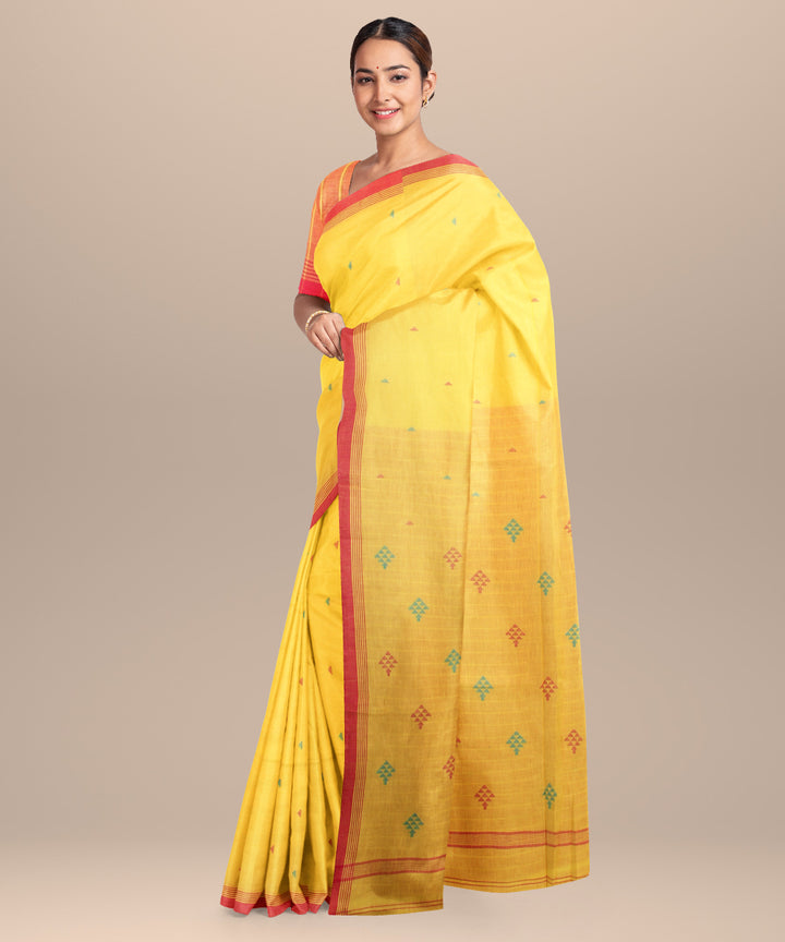 Yellow pink handloom jamdani cotton saree