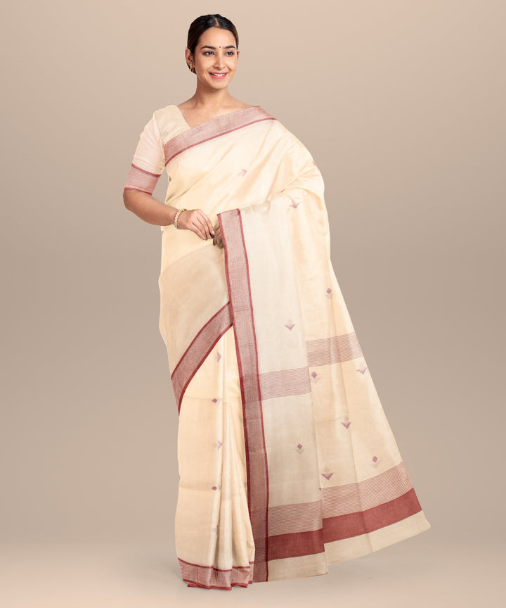 Beige maroon handloom jamdani cotton saree