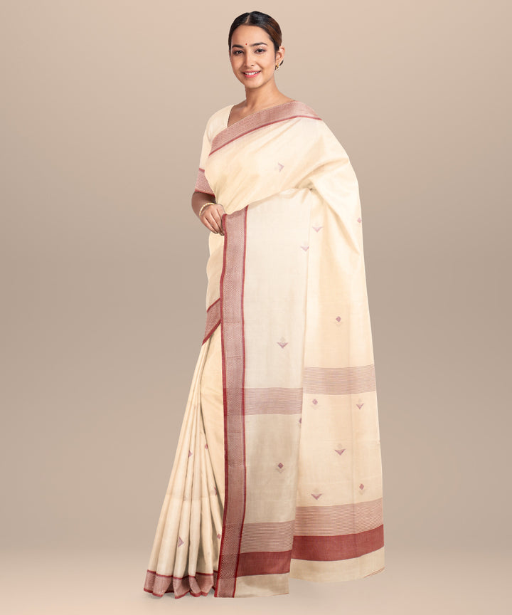 Beige maroon handloom jamdani cotton saree