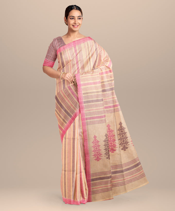 Beige pink handloom jamdani cotton saree
