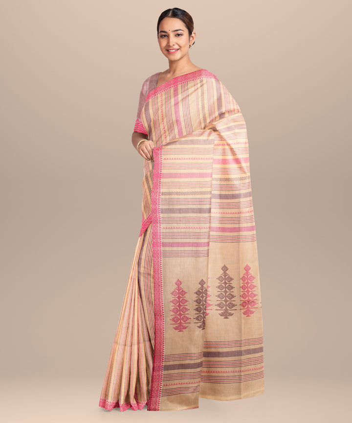 Beige pink handloom jamdani cotton saree