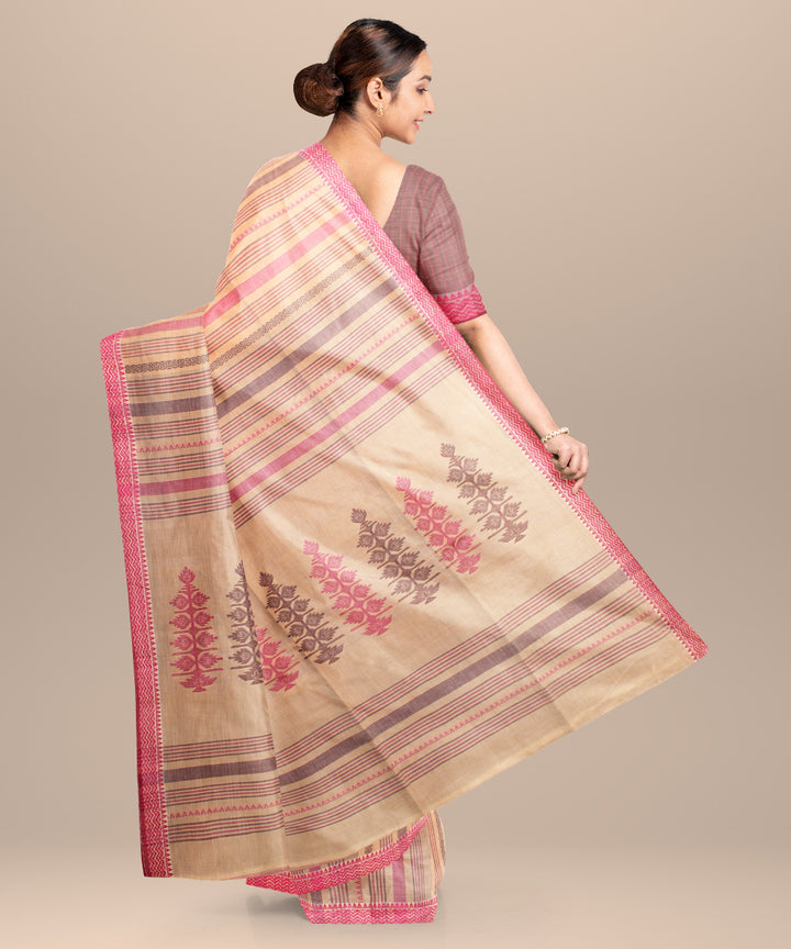 Beige pink handloom jamdani cotton saree