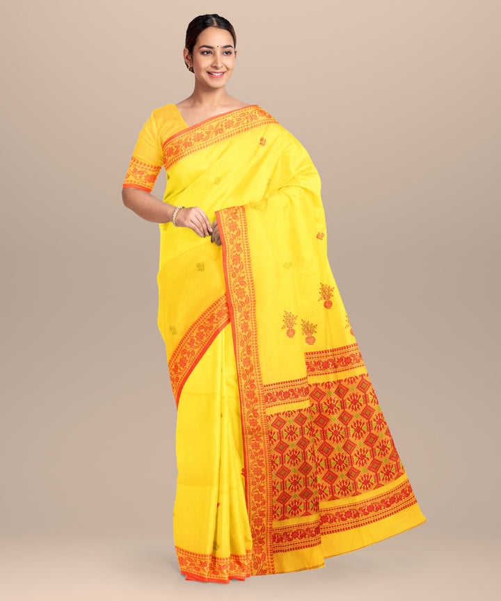 Yellow red jamdani handloom cotton saree