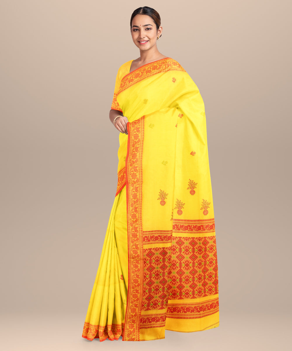 Yellow red jamdani handloom cotton saree
