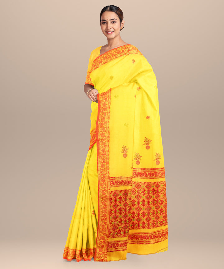 Yellow red jamdani handloom cotton saree