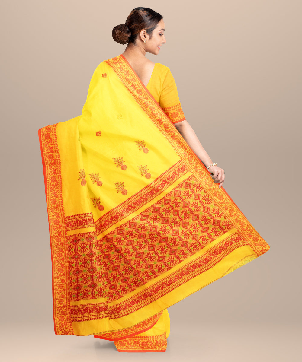 Yellow red jamdani handloom cotton saree