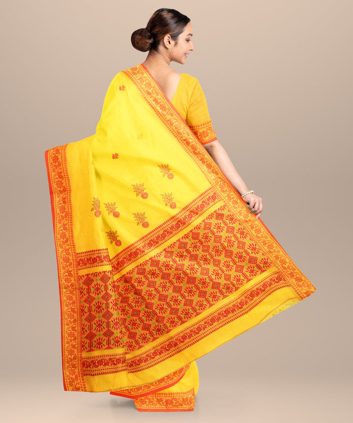 Yellow red jamdani handloom cotton saree