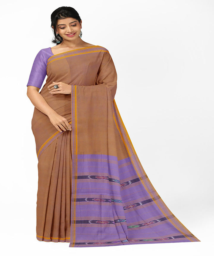 Brown violet handwoven cotton bandar saree