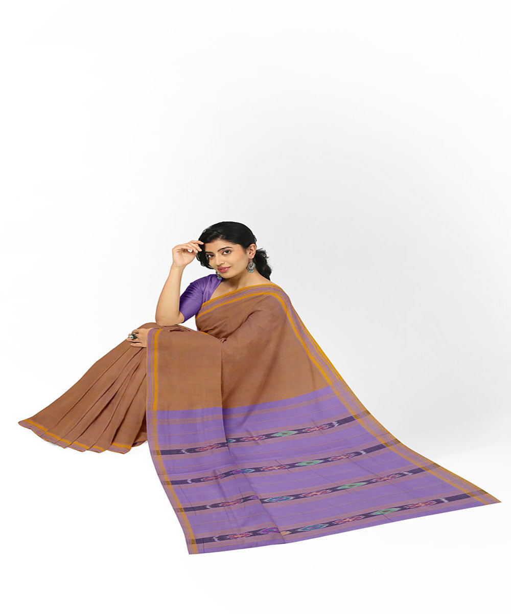 Brown violet handwoven cotton bandar saree