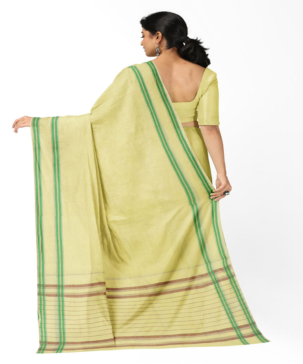 Cream green handwoven cotton bandar saree