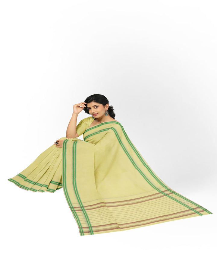Cream green handwoven cotton bandar saree