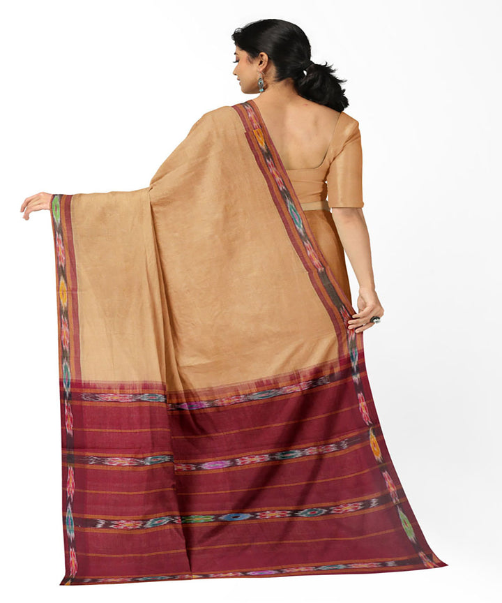Light brown maroon handwoven cotton bandar saree
