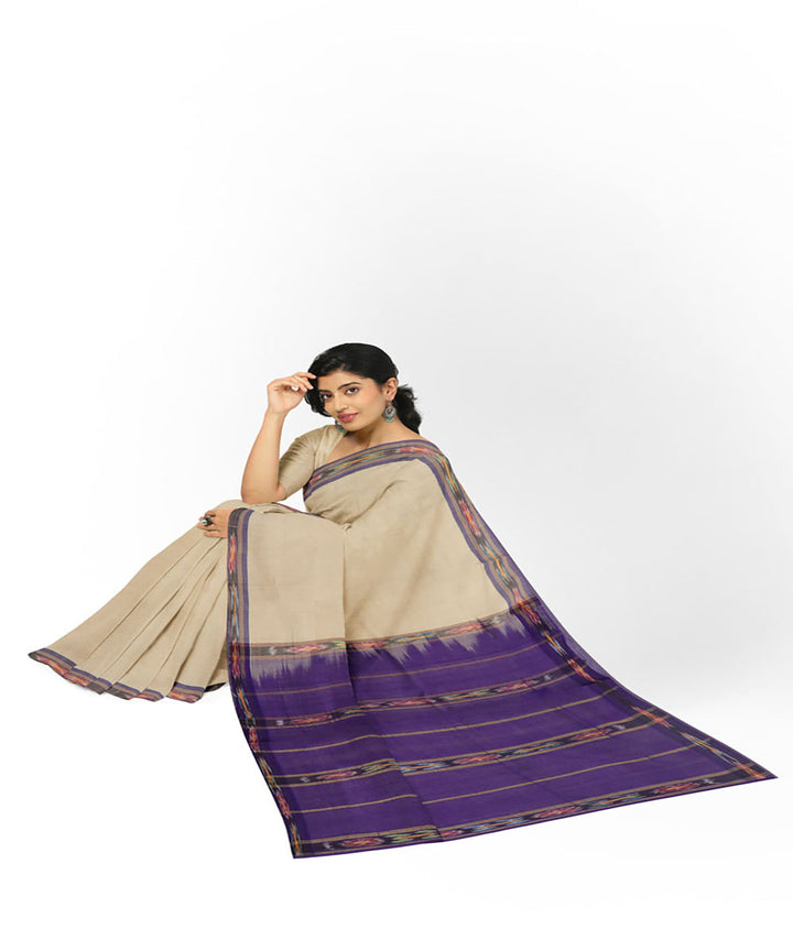 Cream violet handwoven cotton bandar saree