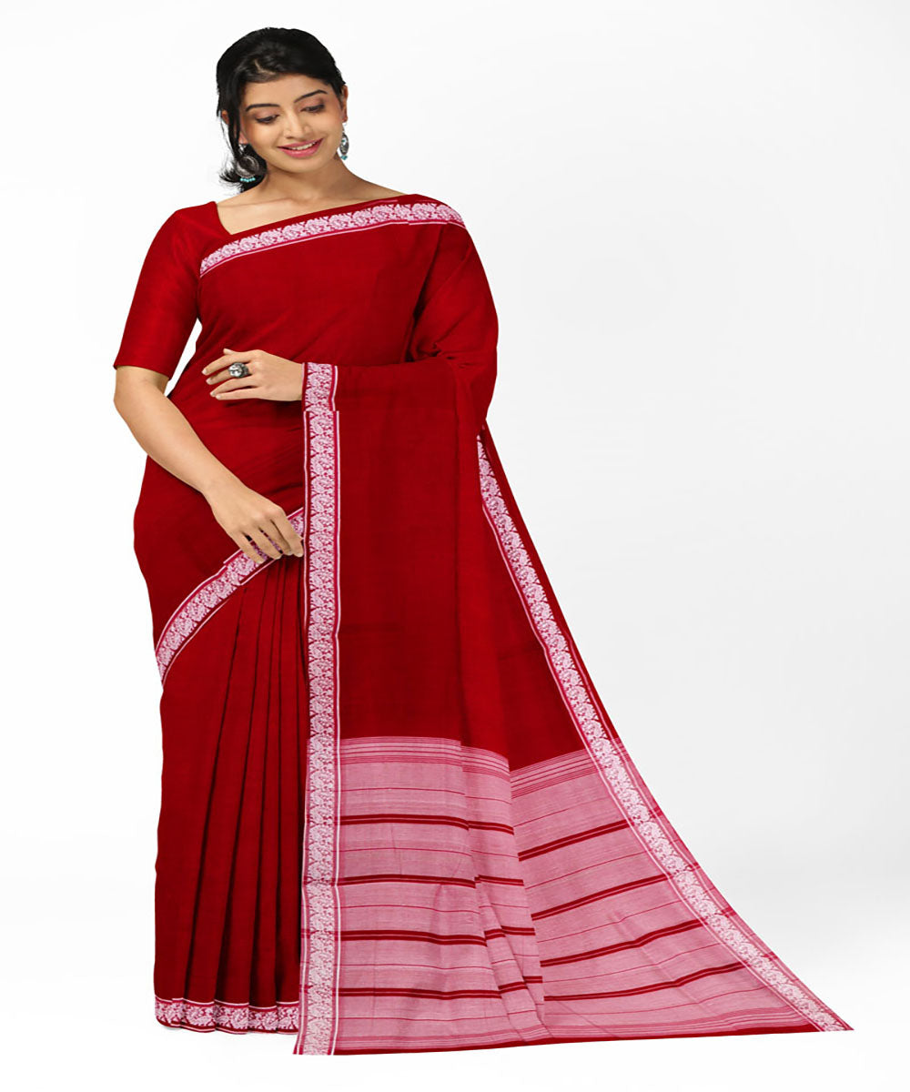Red offwhite handwoven cotton bandar saree