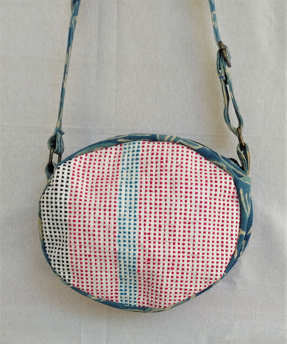 Blue red handcrafted round fanny bag
