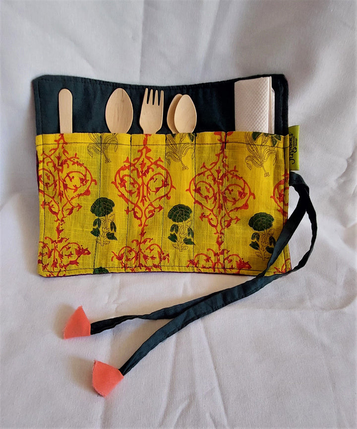 Yellow handcrafted cotton cutlery organiser