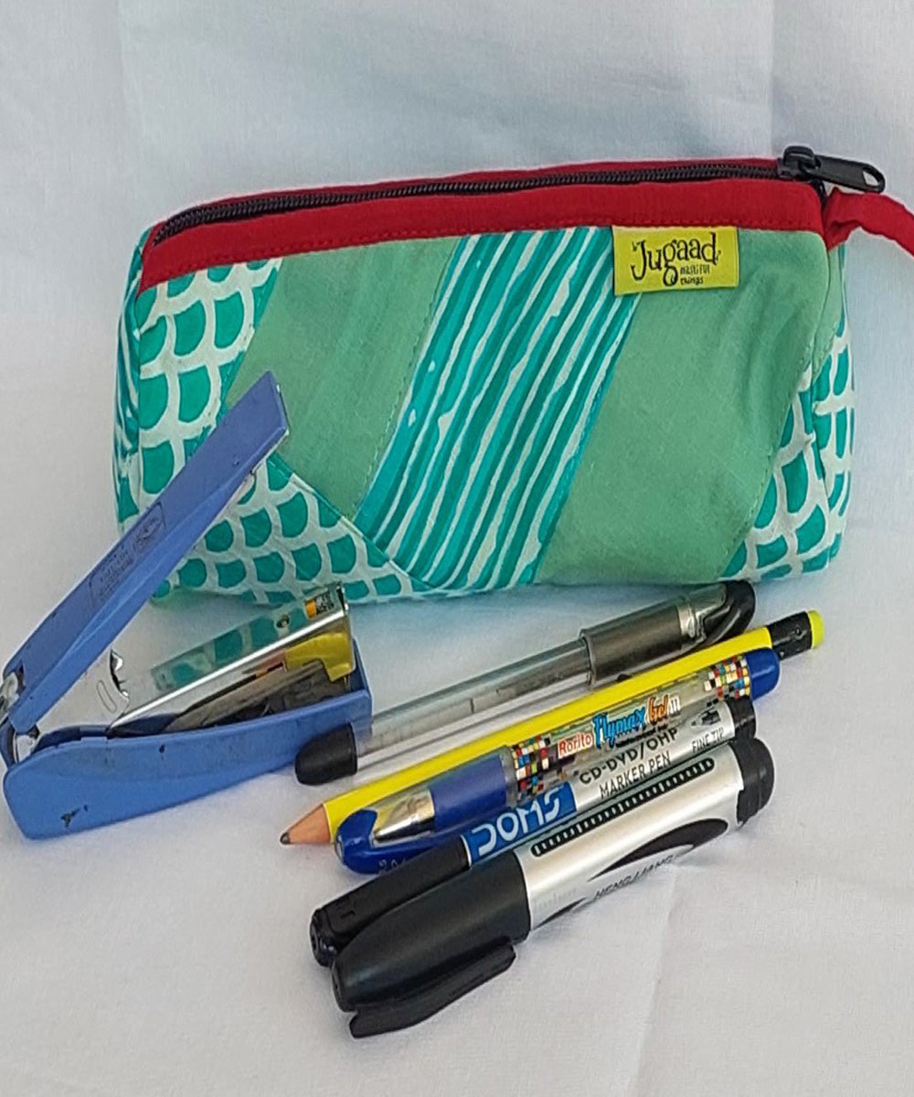 Green blue handcrafted cotton pencil pouch