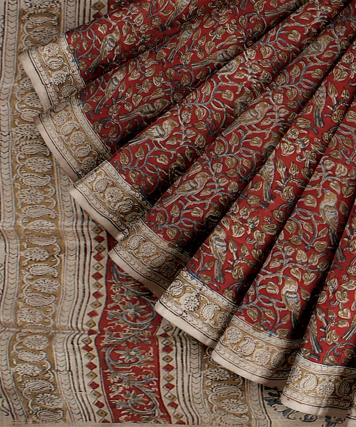 Beige maroon handloom block printed kalamkari cotton silk saree