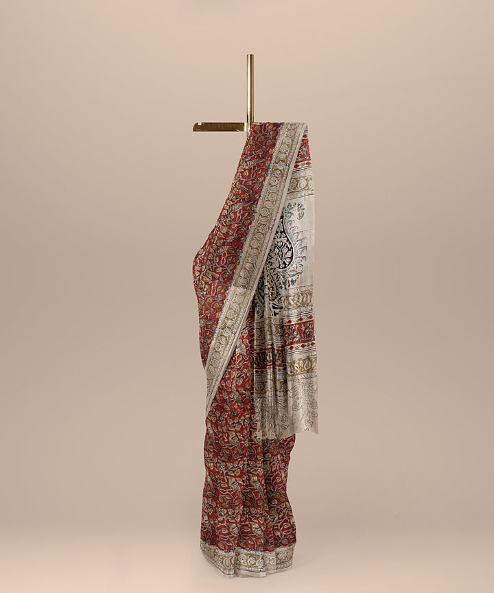 Beige maroon handloom block printed kalamkari cotton silk saree