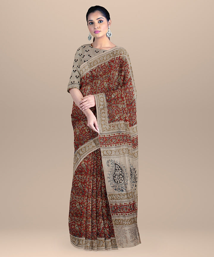 Beige maroon handloom block printed kalamkari cotton silk saree