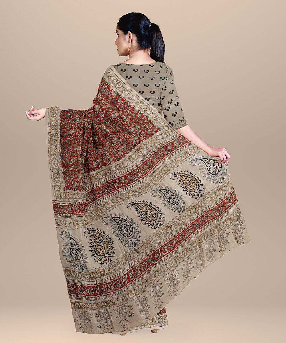 Beige maroon handloom block printed kalamkari cotton silk saree