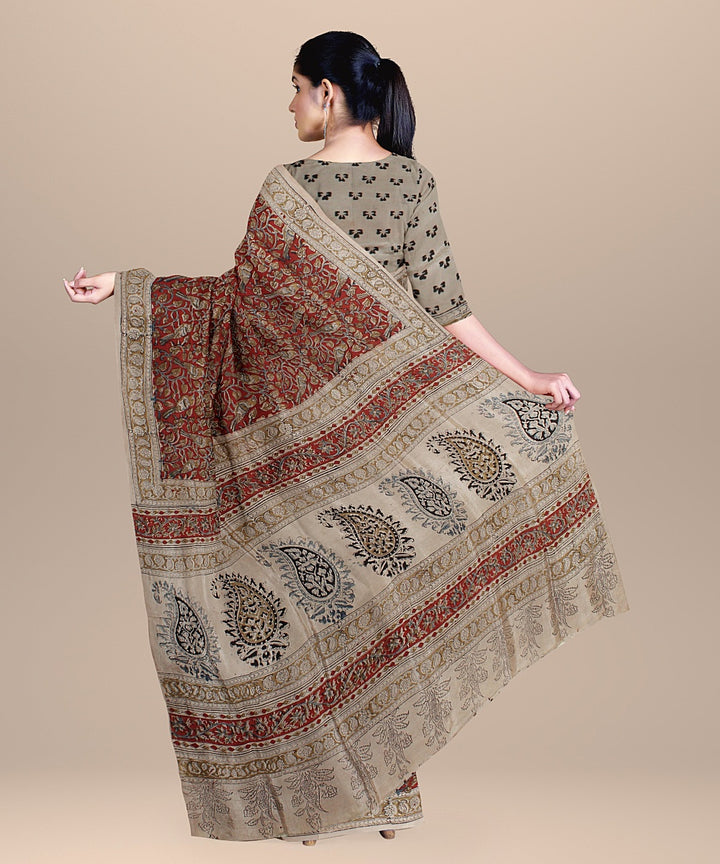 Beige maroon handloom block printed kalamkari cotton silk saree