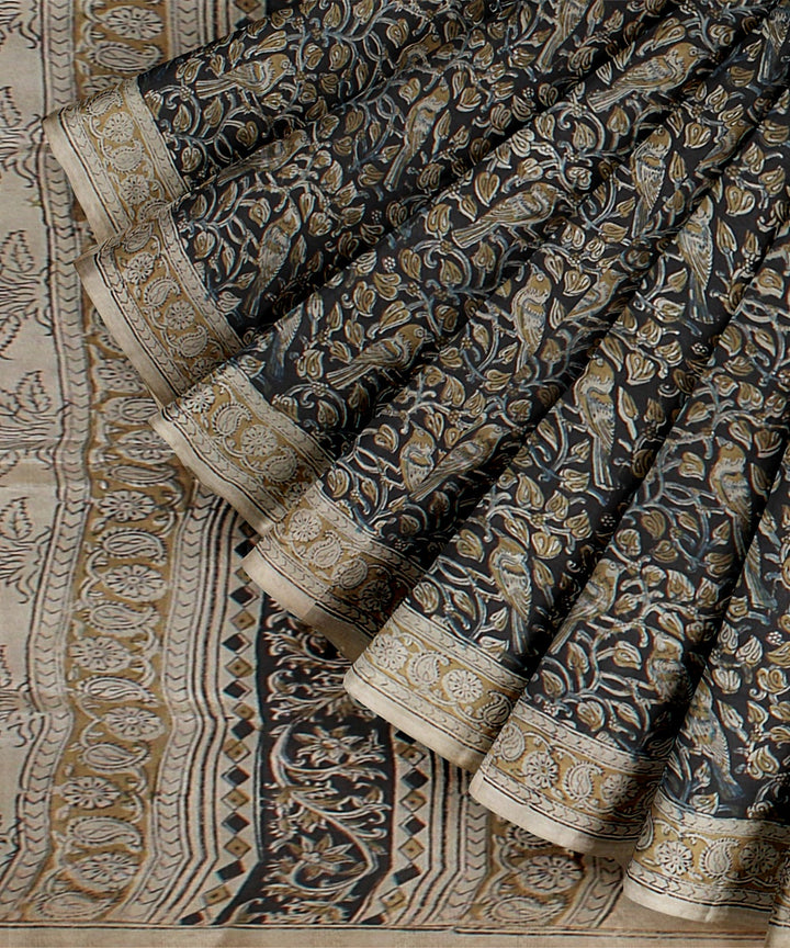 Beige navy blue cotton silk handloom block printed kalamkari saree