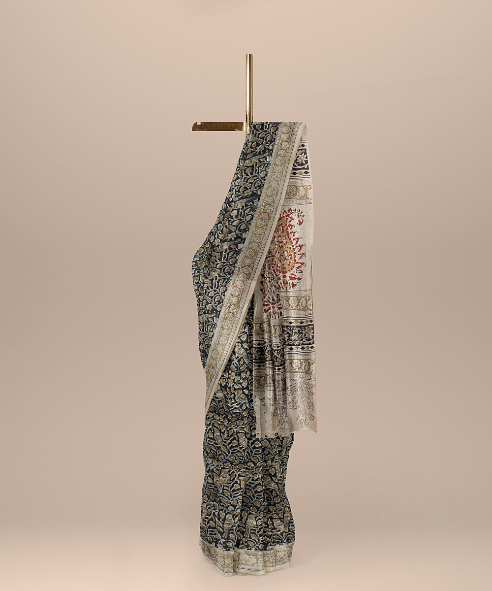 Beige navy blue cotton silk handloom block printed kalamkari saree