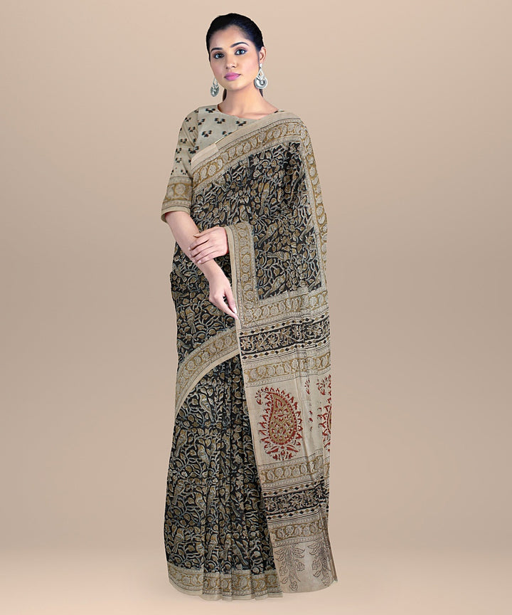 Beige navy blue cotton silk handloom block printed kalamkari saree