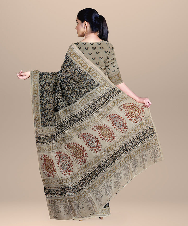 Beige navy blue cotton silk handloom block printed kalamkari saree