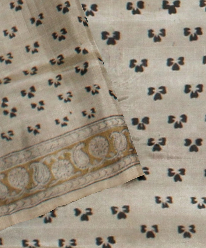 Beige navy blue cotton silk handloom block printed kalamkari saree