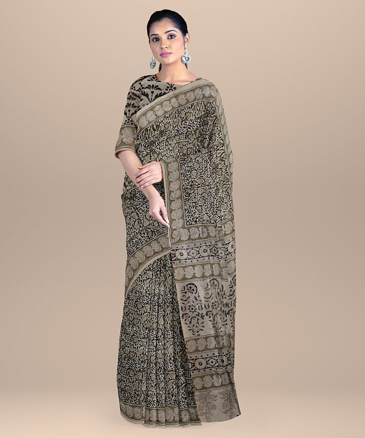 Beige black handloom cotton silk block printed kalamkari saree