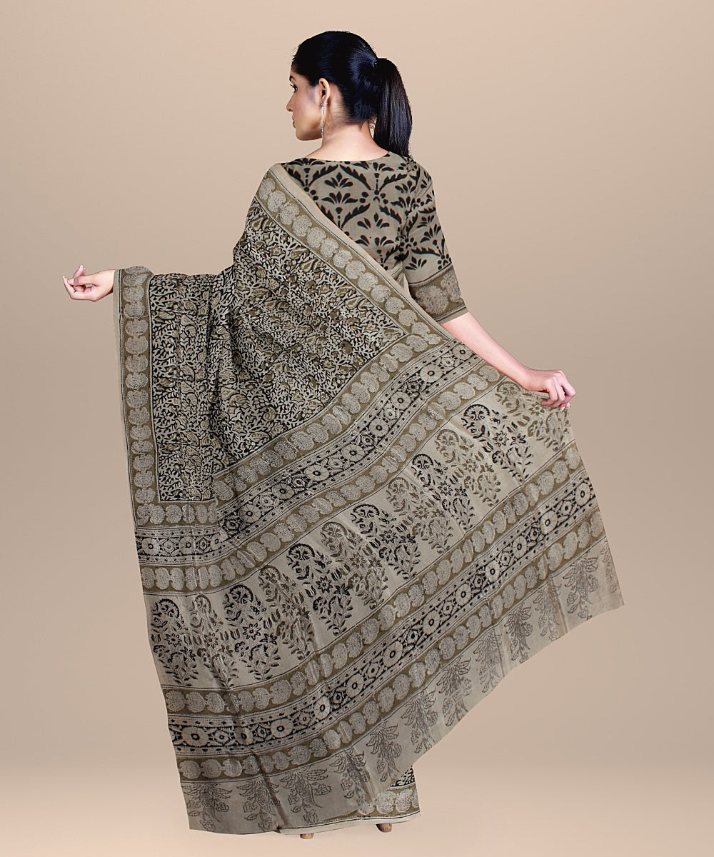 Beige black handloom cotton silk block printed kalamkari saree