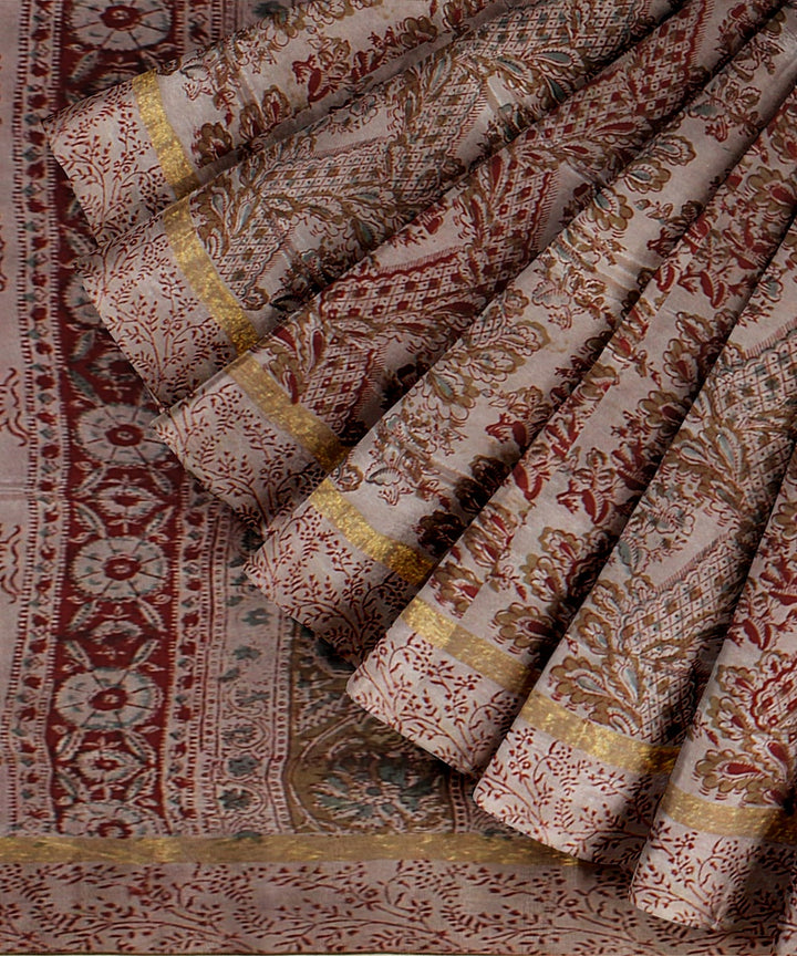 Beige maroon handloom cotton silk block printed kalamkari saree