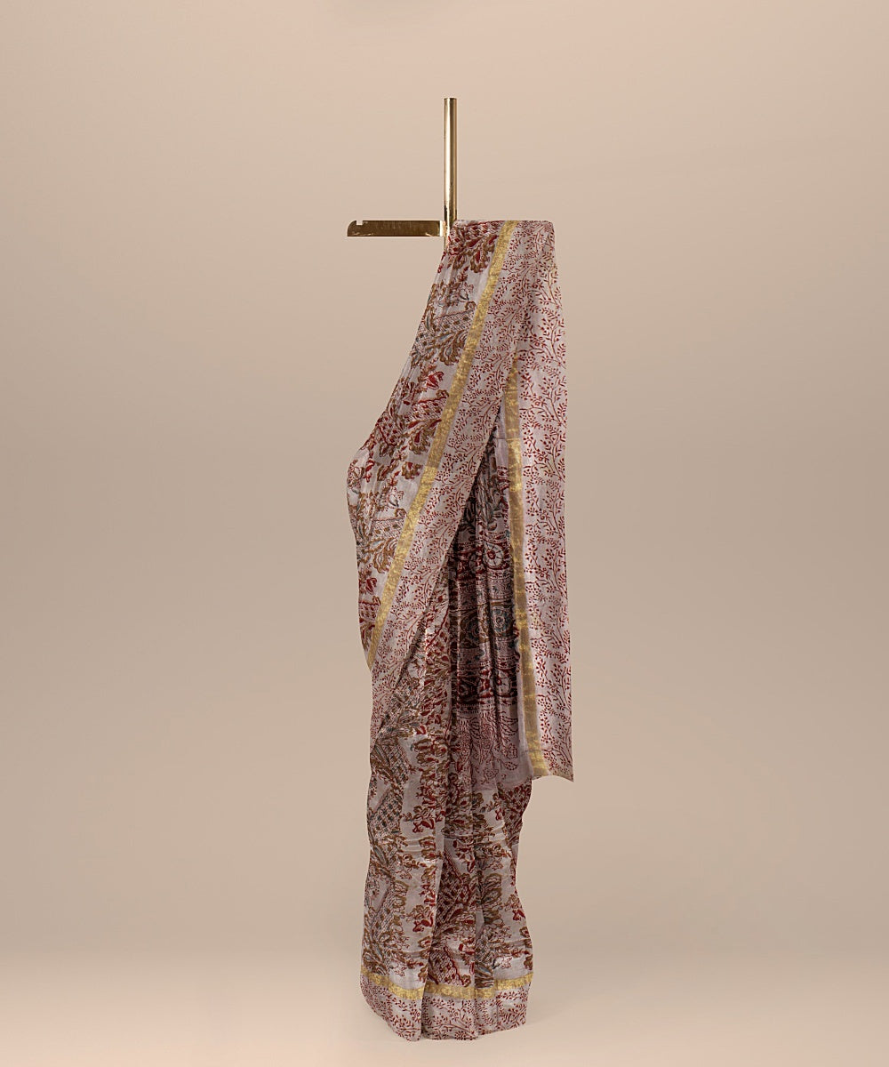 Beige maroon handloom cotton silk block printed kalamkari saree