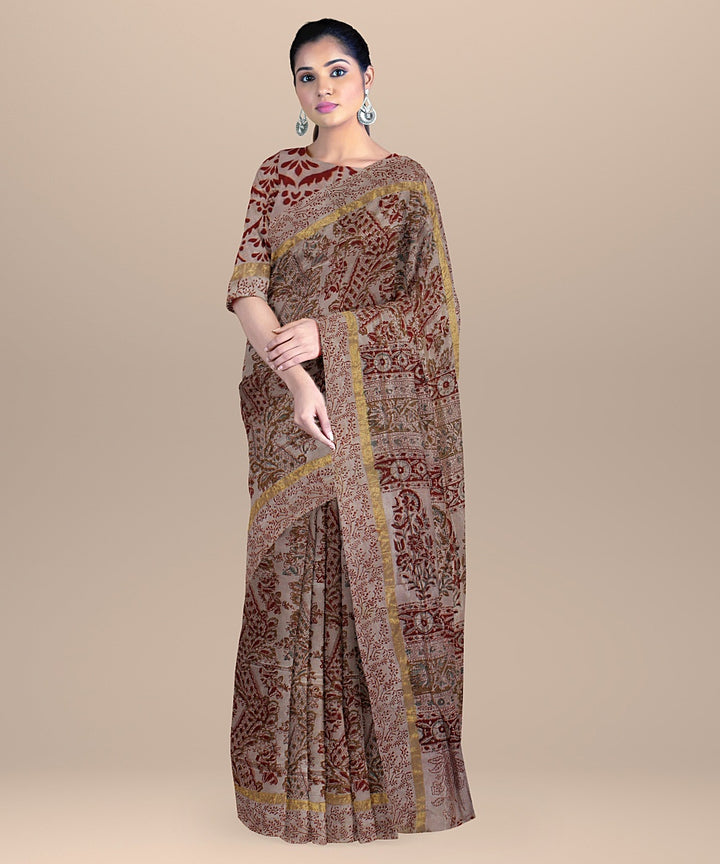 Beige maroon handloom cotton silk block printed kalamkari saree