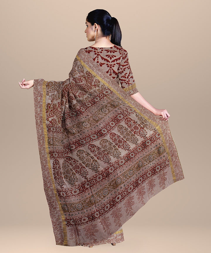 Beige maroon handloom cotton silk block printed kalamkari saree