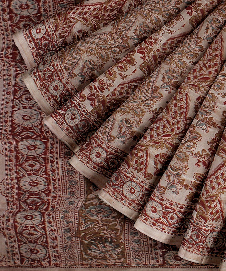 Beige maroon cotton silk handloom block printed kalamkari saree