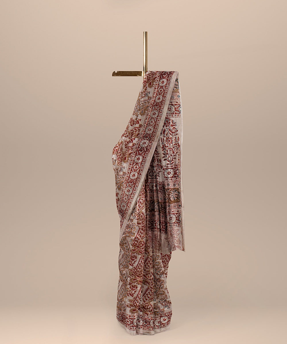 Beige maroon cotton silk handloom block printed kalamkari saree