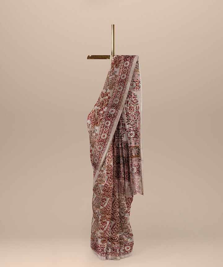 Beige maroon cotton silk handloom block printed kalamkari saree