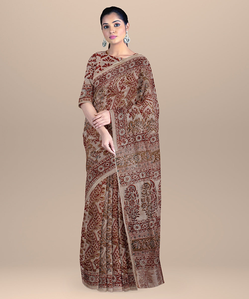 Beige maroon cotton silk handloom block printed kalamkari saree