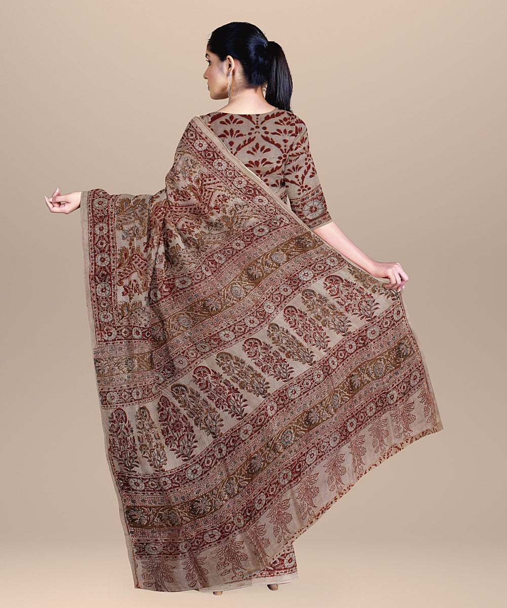 Beige maroon cotton silk handloom block printed kalamkari saree