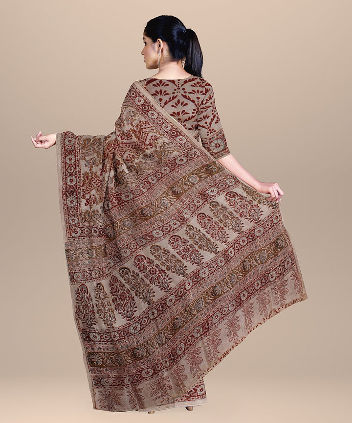 Beige maroon cotton silk handloom block printed kalamkari saree