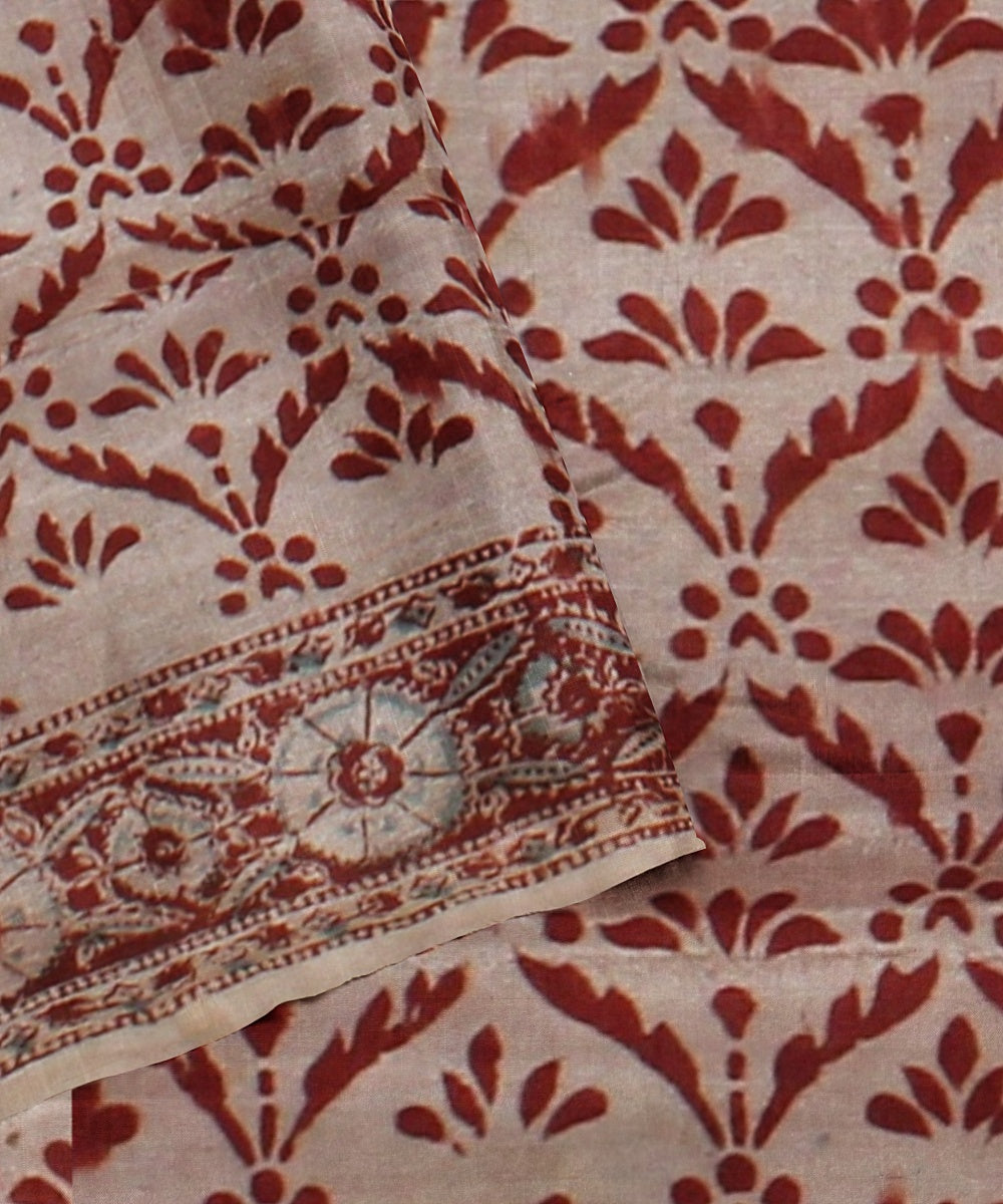 Beige maroon cotton silk handloom block printed kalamkari saree