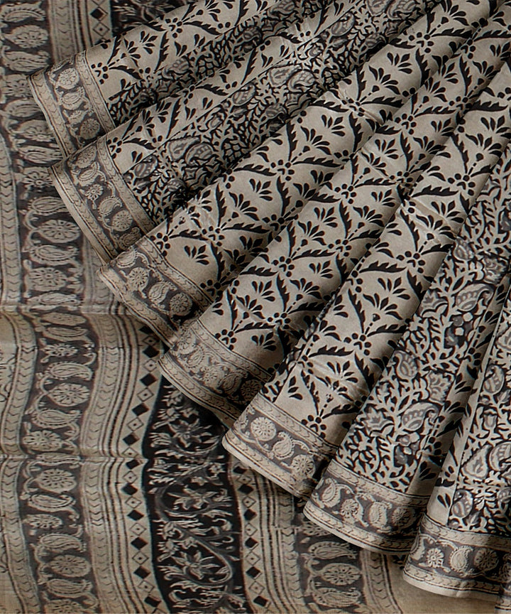 Beige black cotton silk block printed kalamkari handloom saree