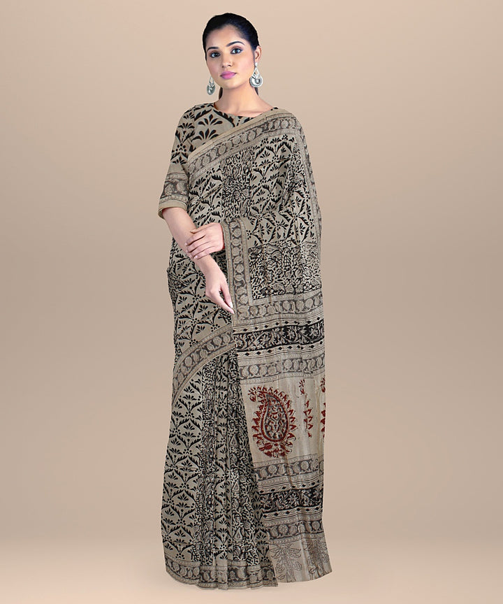 Beige black cotton silk block printed kalamkari handloom saree