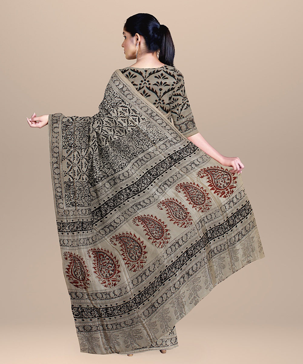 Beige black cotton silk block printed kalamkari handloom saree